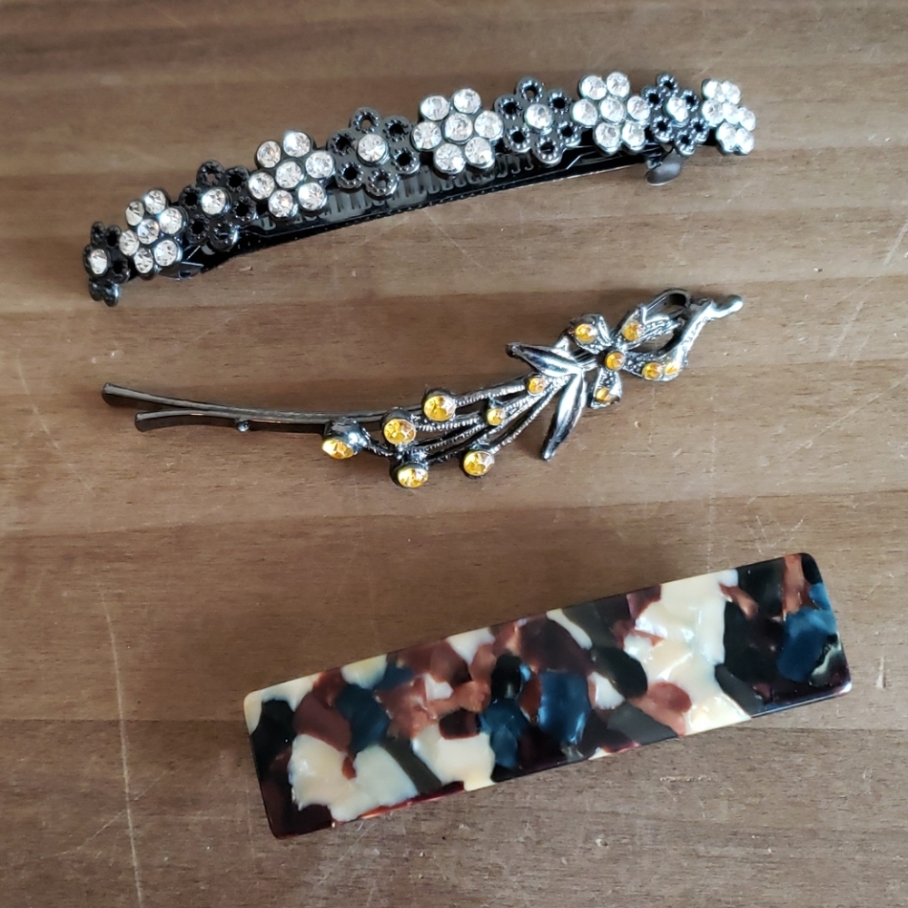 Lot of 3 Barrettes Hair Pins French Clip Flowers